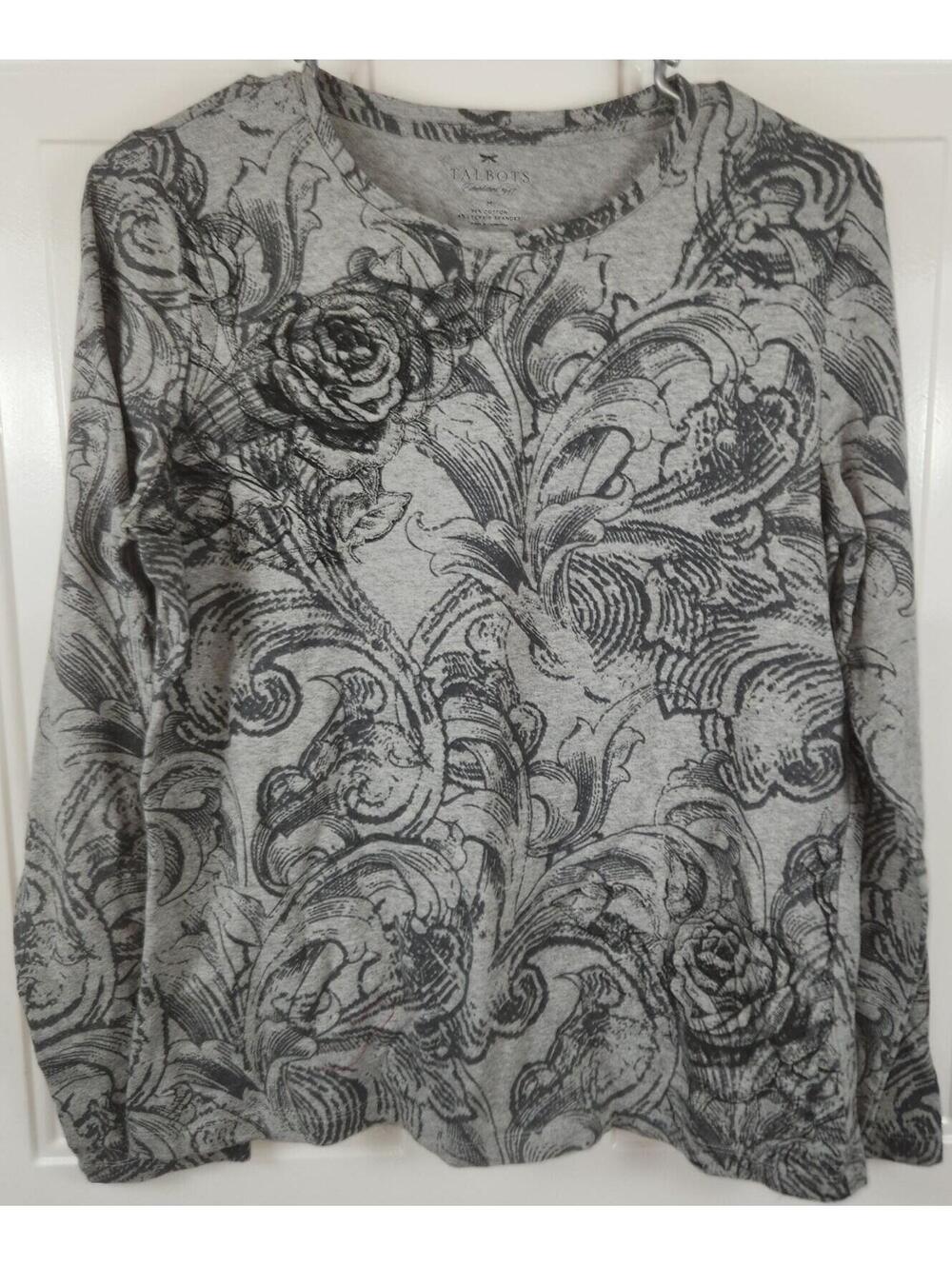 Talbots Women's Gray Floral 96% Cotton 4% Spandex Long Sleeve Shirt Size Medium